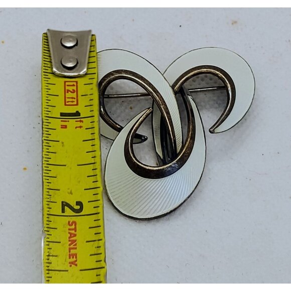 Hroar Prydz Norway Sterling Silver Guilloche Enamel Brooch White Swirl Loops - Picture 5 of 8